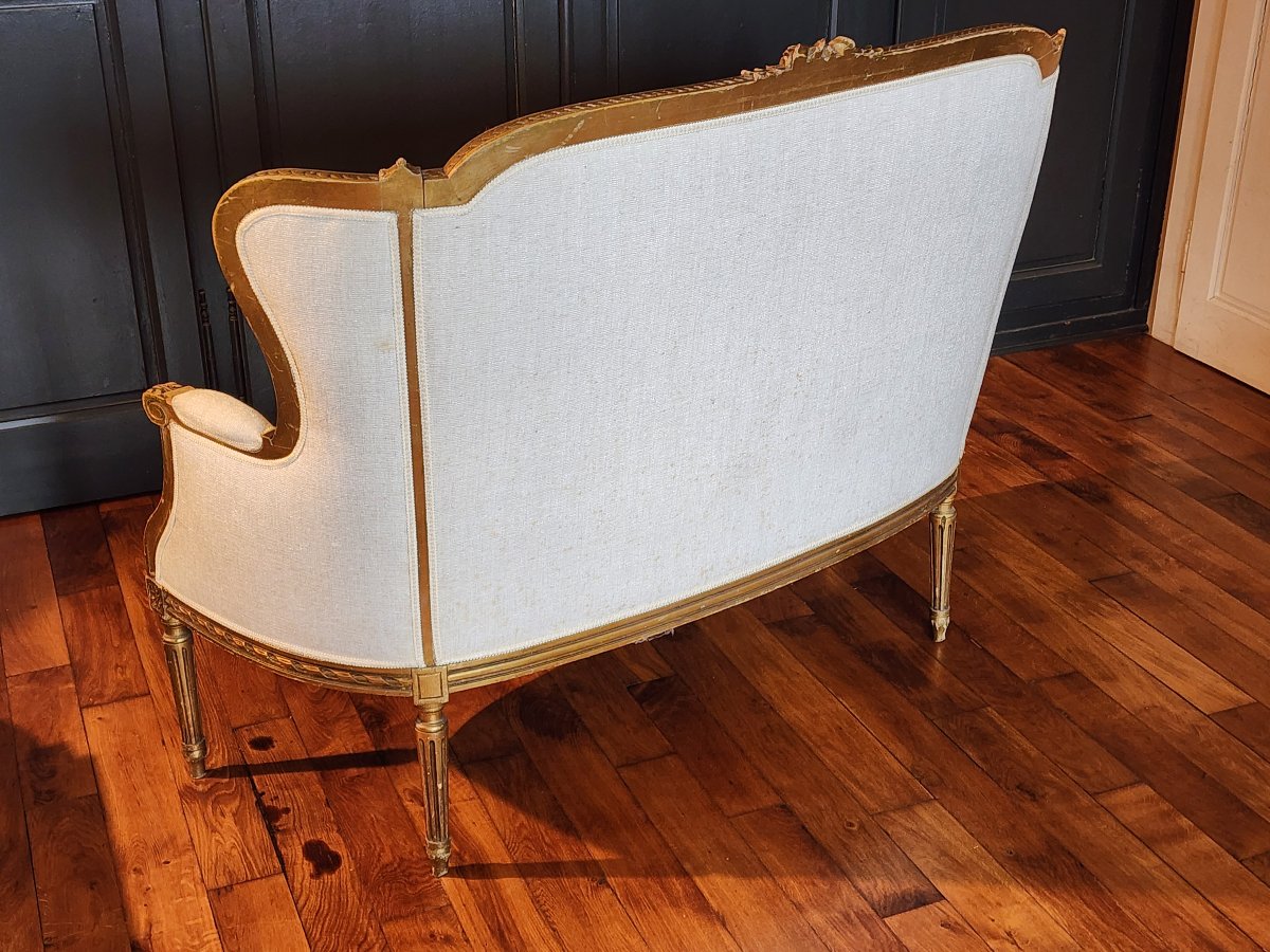 Banquette de style Louis XVI en bois doré tissus aspect velour écru -photo-3