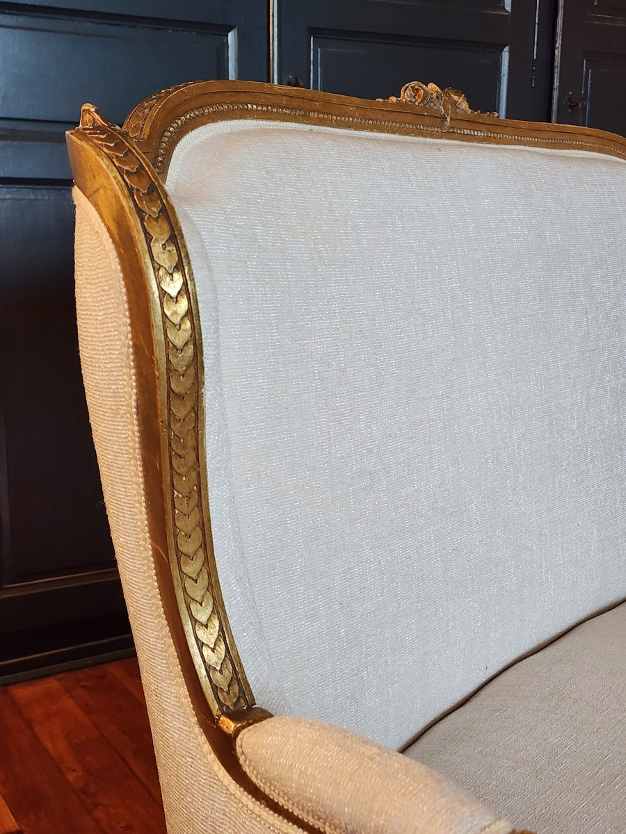 Banquette de style Louis XVI en bois doré tissus aspect velour écru -photo-4