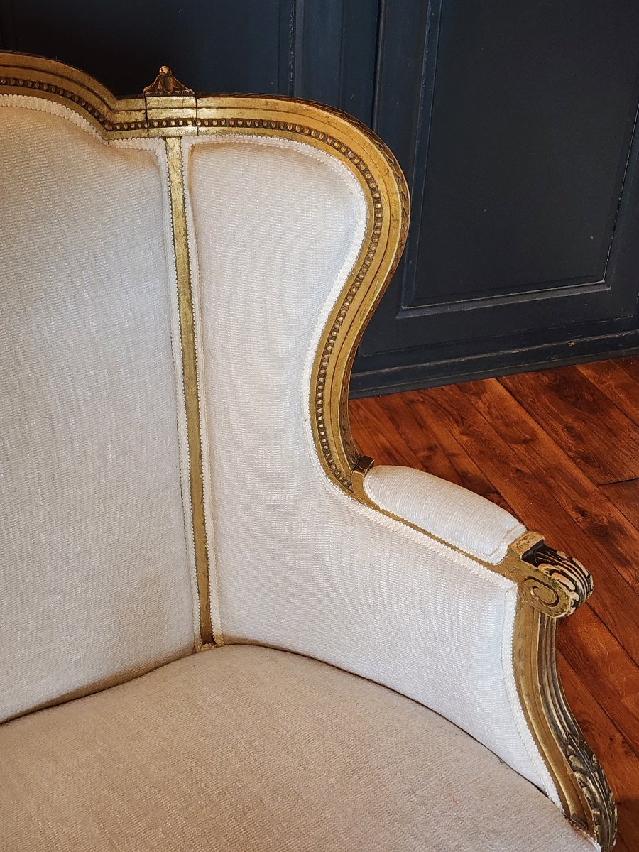 Banquette de style Louis XVI en bois doré tissus aspect velour écru -photo-1