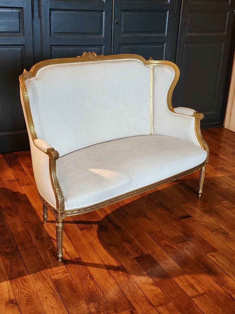 Banquette de style Louis XVI en bois doré tissus aspect velour écru -photo-2
