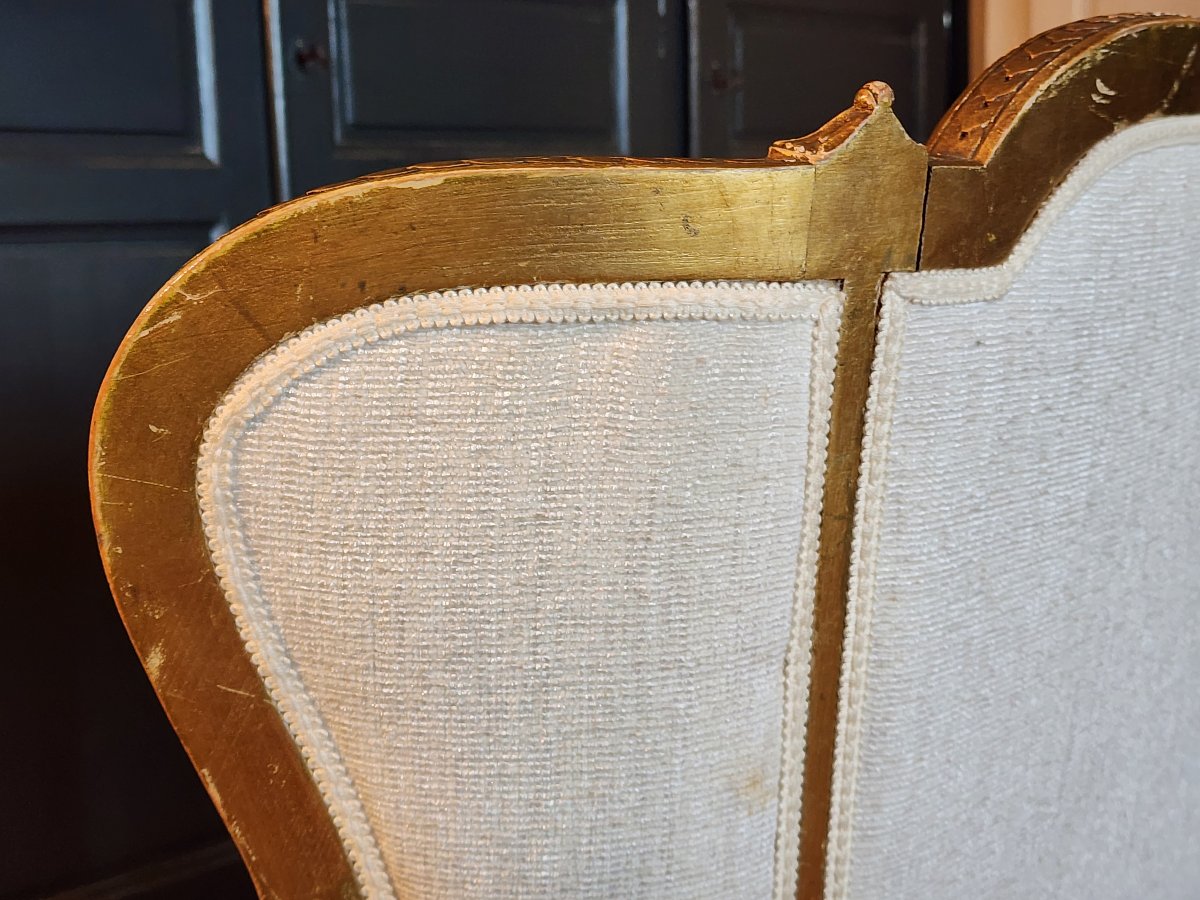 Banquette de style Louis XVI en bois doré tissus aspect velour écru -photo-3