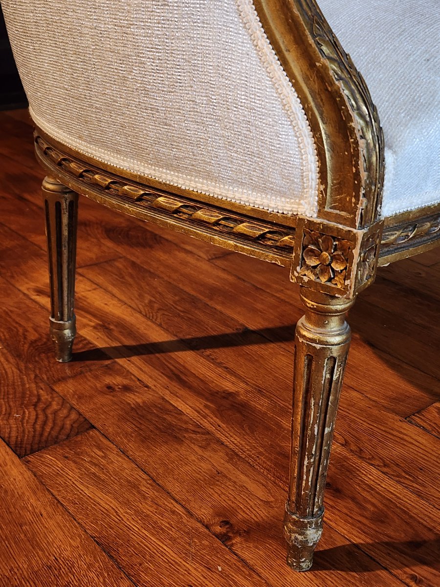 Banquette de style Louis XVI en bois doré tissus aspect velour écru -photo-4