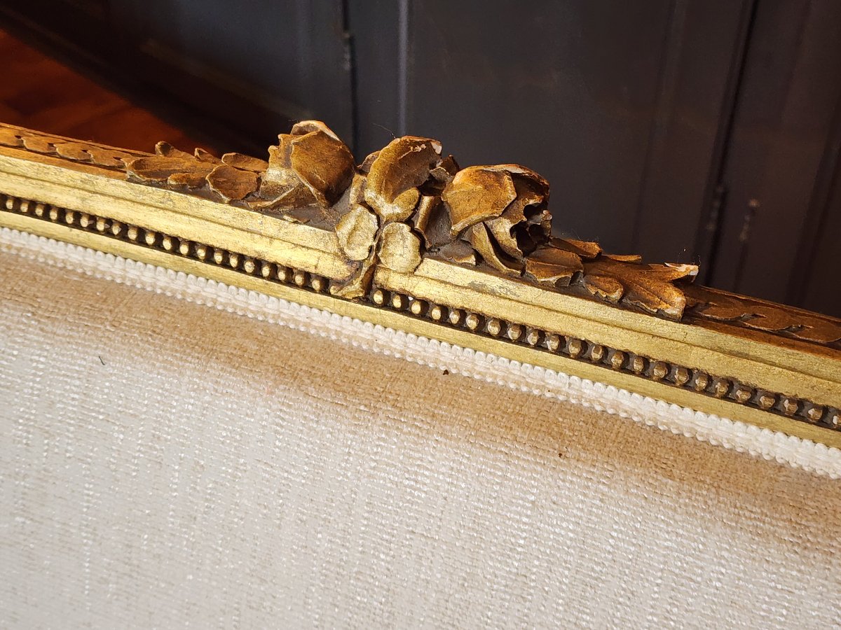 Banquette de style Louis XVI en bois doré tissus aspect velour écru -photo-5