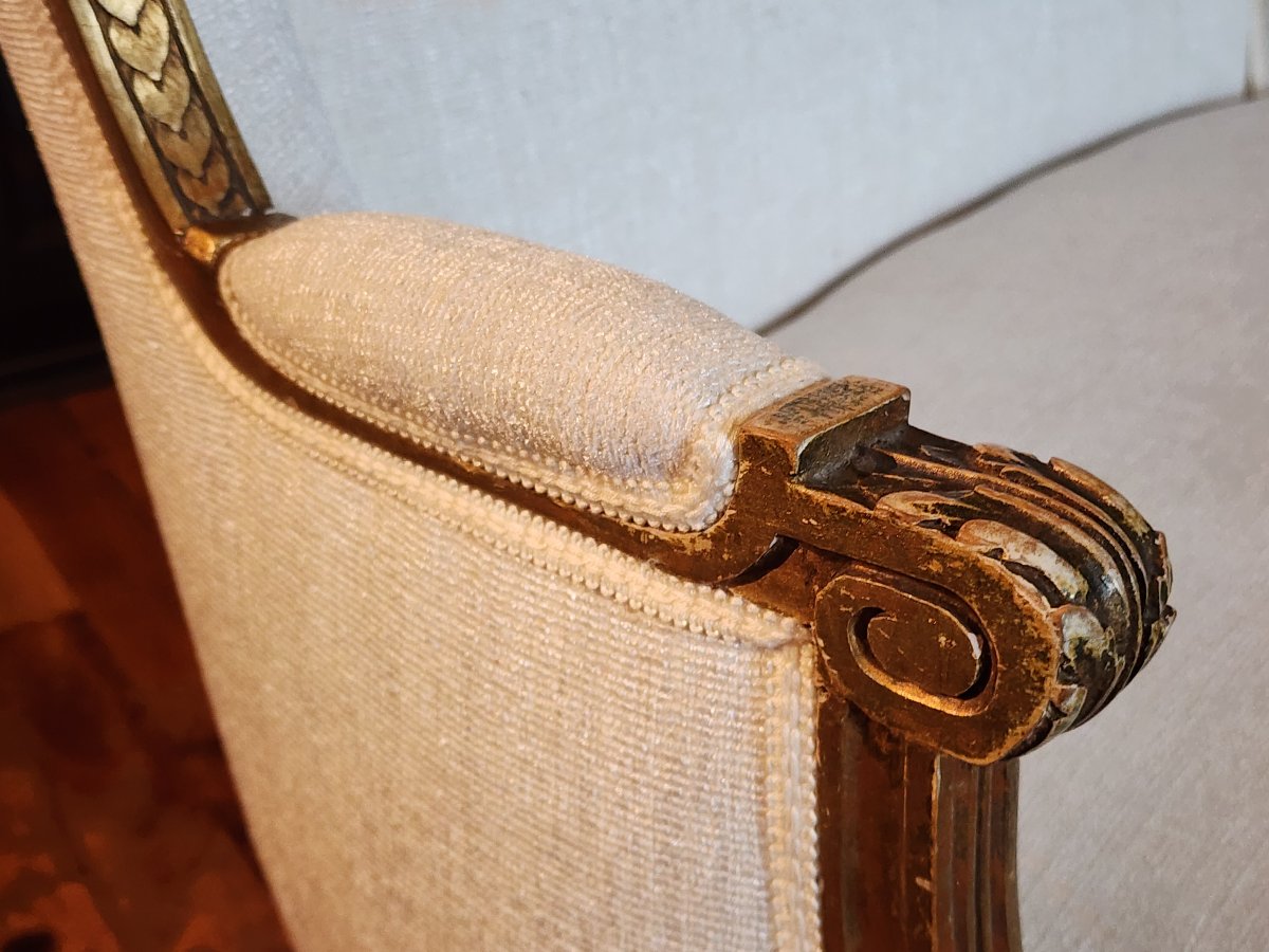 Banquette de style Louis XVI en bois doré tissus aspect velour écru -photo-6