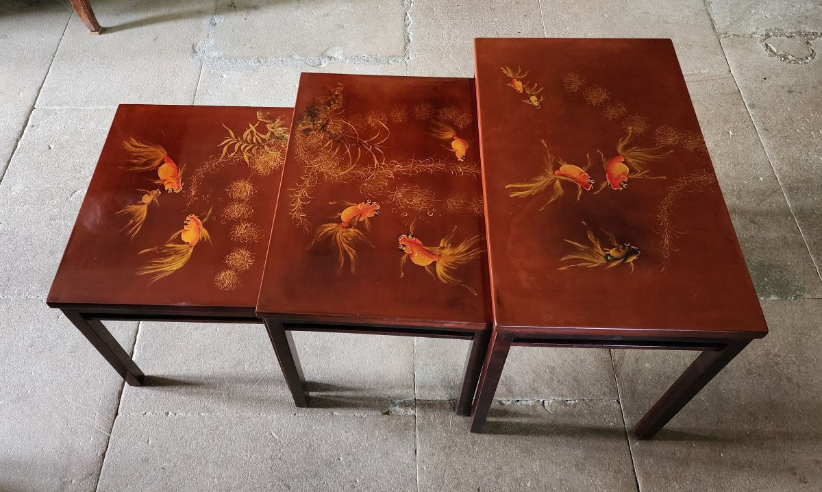 Nested Tables Attributed To Thanh Ley, Asian Lacquer, Decorated With Fish And Seaweed Motifs-photo-2