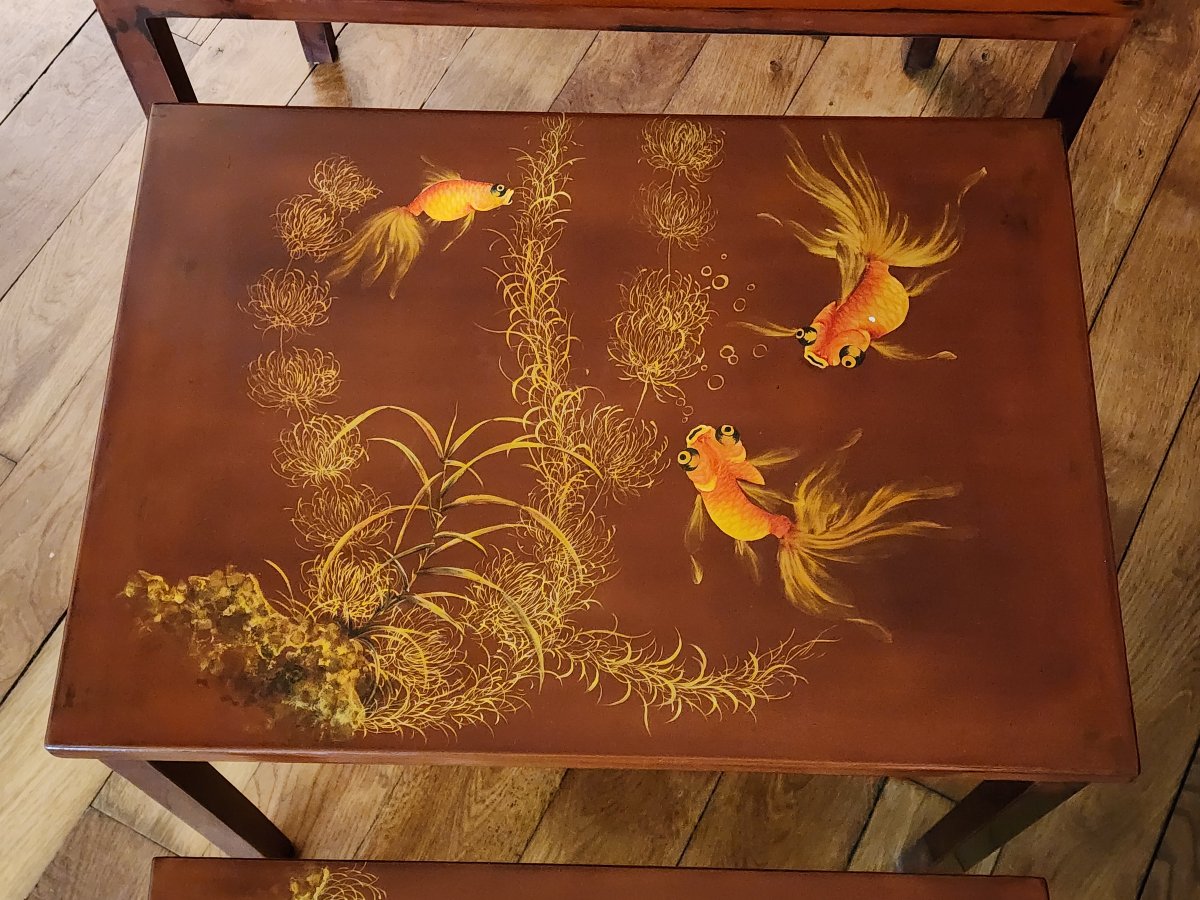 Nested Tables Attributed To Thanh Ley, Asian Lacquer, Decorated With Fish And Seaweed Motifs-photo-4