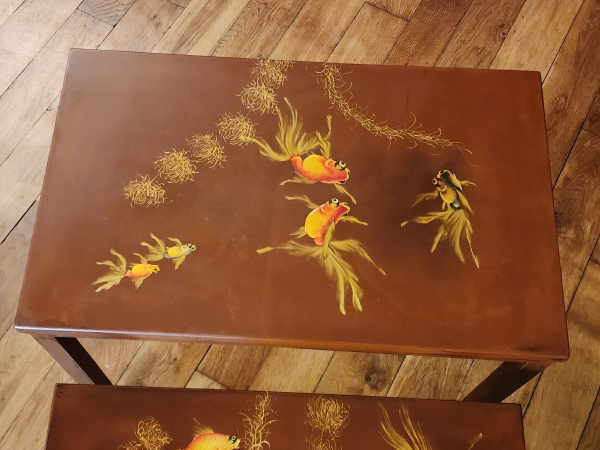 Nested Tables Attributed To Thanh Ley, Asian Lacquer, Decorated With Fish And Seaweed Motifs-photo-1