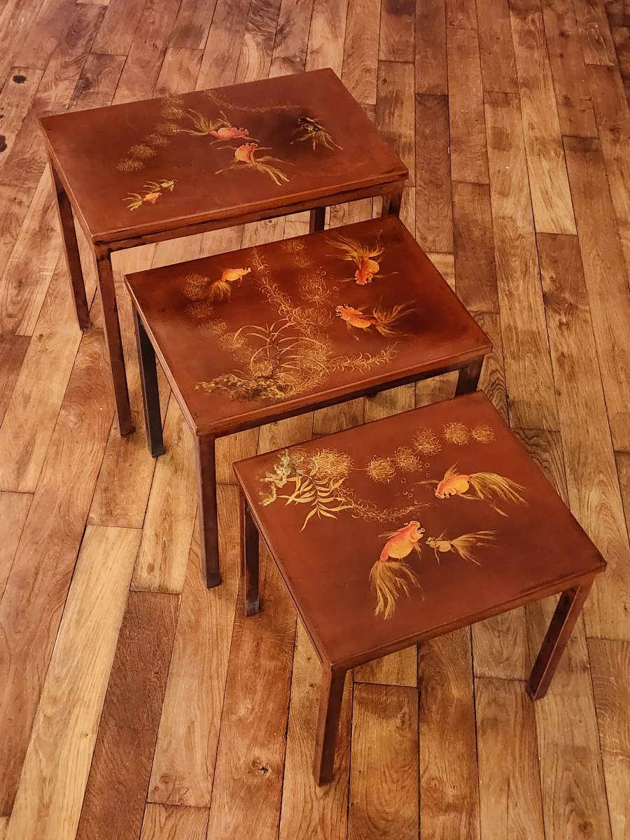 Nested Tables Attributed To Thanh Ley, Asian Lacquer, Decorated With Fish And Seaweed Motifs-photo-3