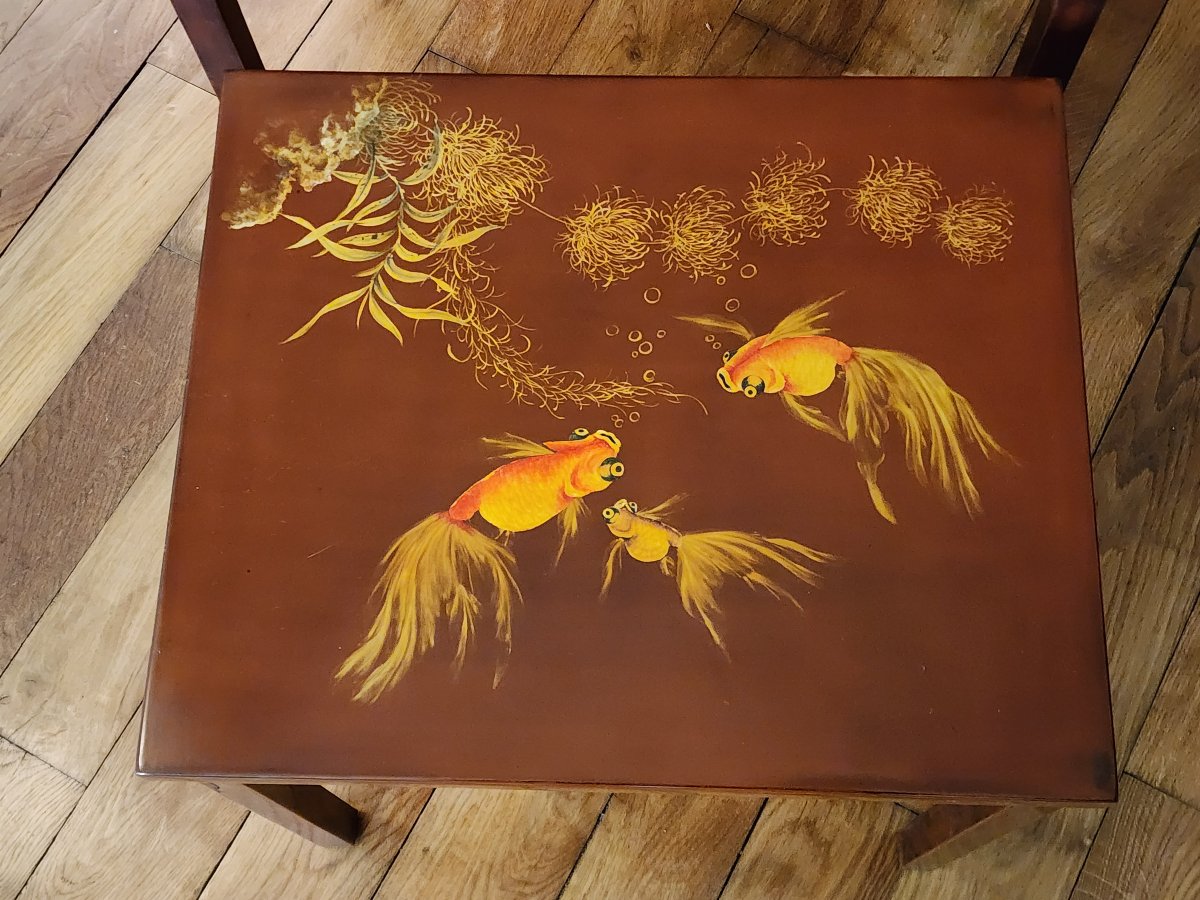 Nested Tables Attributed To Thanh Ley, Asian Lacquer, Decorated With Fish And Seaweed Motifs-photo-6