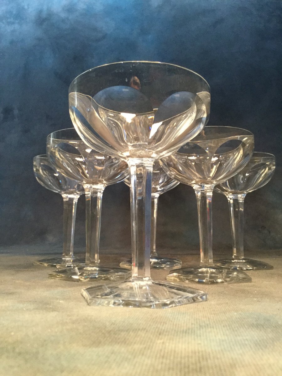 Baccarat Modèle Compiegne 6 Coupes à Champagne Estampillées Baccarat Hauteur 13,4 Cm-photo-2