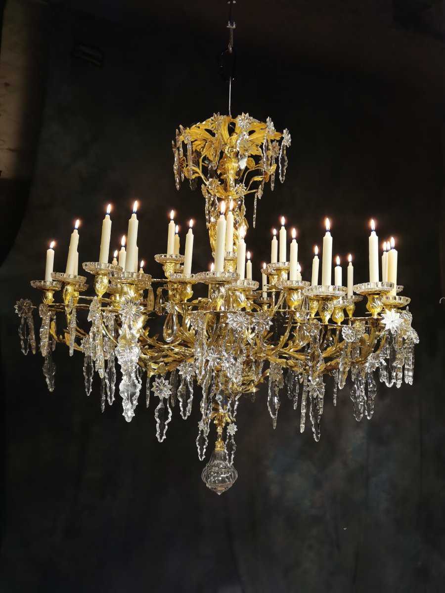 Lustre Bronze Dore Louis XV Rocaille 36 Lumieres Cristaux Baccarat -photo-5