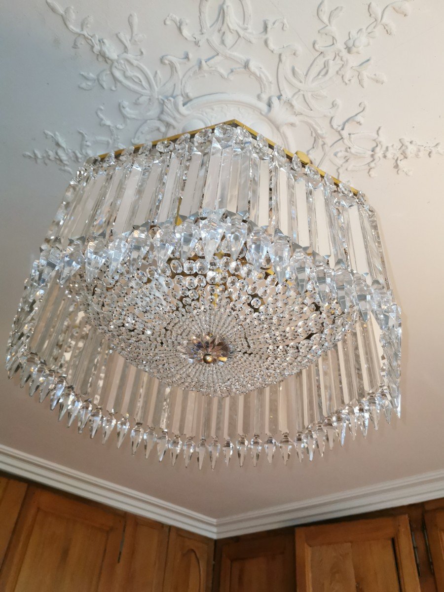 Baccarat Lustre De La Cristallerie De Baccarat à 64 Prismes à Dard D époque Art Déco -photo-3