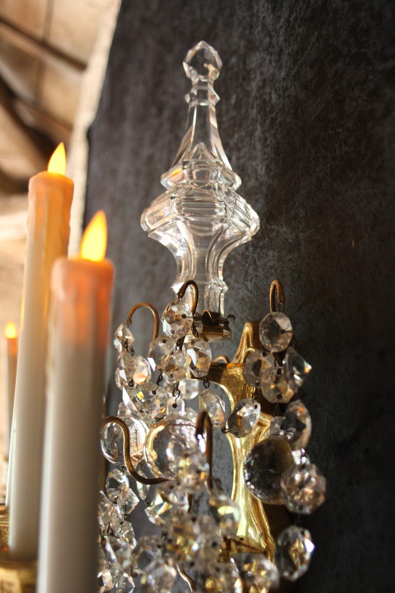 Pair Of Wall Lights In Gilt Bronze And Crystal End 19 Eme Height 81 Cm-photo-2
