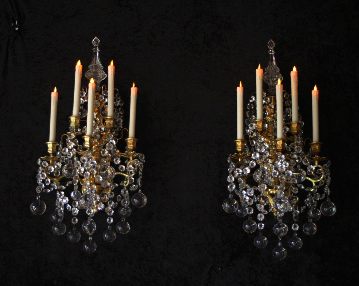 Pair Of Wall Lights In Gilt Bronze And Crystal End 19 Eme Height 81 Cm