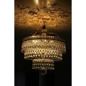 Grand Plafonnier Lustre  A 264 Gouttes Vers 1930 Diametre 60 Cm Hauteur 70 Cm 14 Lumieres 