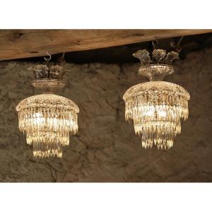 Pair Of Val St Lambert Crystal Ceiling Lamp Art Deco Chandelier Vsl