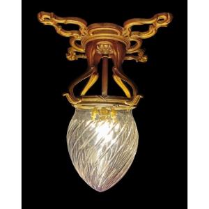 Grand Plafonnier Lustre Suspension Lanterne Bronze Et Cristal Taillé Vers 1900  54 Cm De Haut