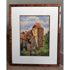 Emile Gudin Watercolor The Tower Of Thieves In Riquewihr Alsace Painting Haut Rhin