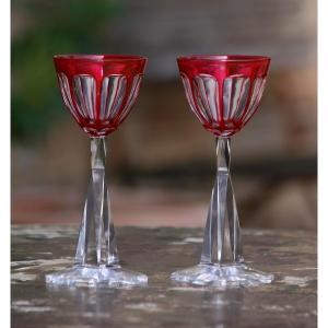 Baccarat Pair Of Red Overlay Crystal Glasses La Tour Maubourg 1944 H 19 Cm