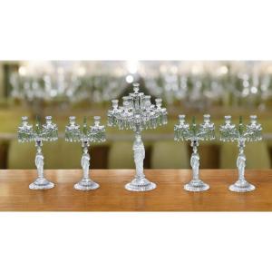 Baccarat Collection Of 5 Antique Baccarat Women's Candlesticks, The Model Of Which Has 7 Lights, Perfect Condition 