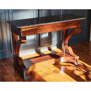 Grande console milieu XIX en placage d acajou flamme avec son marbre 130 cm tres bon etat