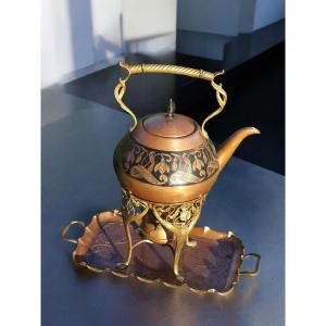Carl DEFFNER  bouilloire Art Nouveau Jugendstil en cuivre avec son plateau