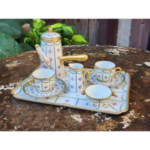 Service tête à tête signée MG à café en Porcelaine de Limoges PL peint et doré 