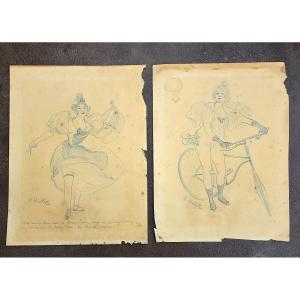 Adolphe WILLETTE 2 DESSINS ENCRE BLEU ART NOUVEAU