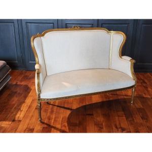 Louis XVI-style Bench In Gilded Wood With Ecru Velvet-like Fabric
