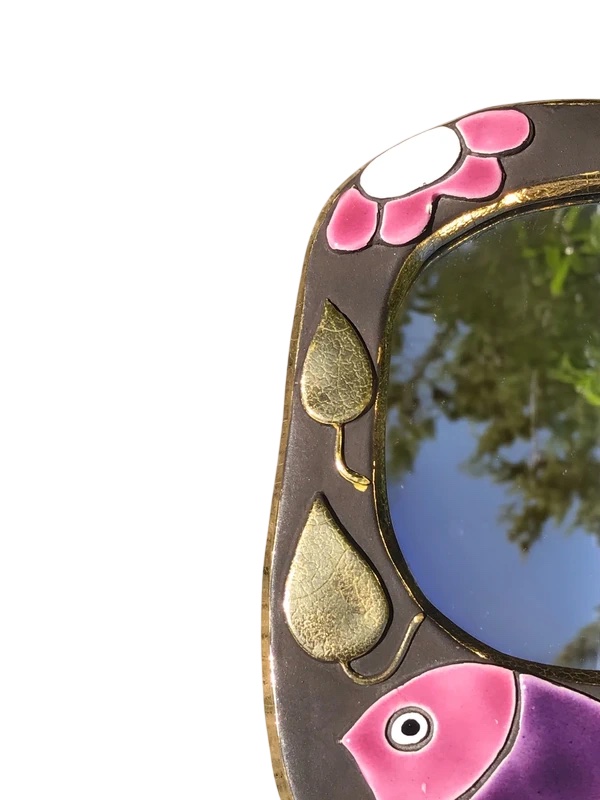 Miroir à main en céramique émaillée, décor Moineau, signé Mithé Espelt-photo-4