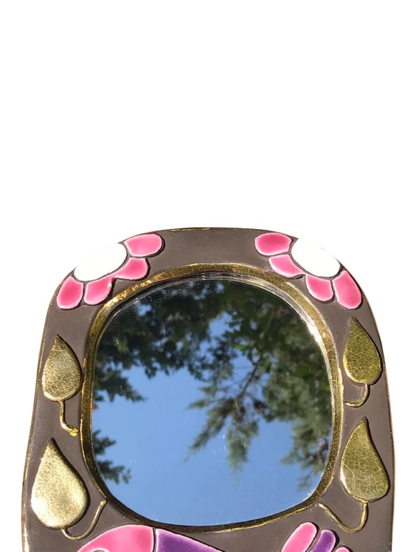 Miroir à main en céramique émaillée, décor Moineau, signé Mithé Espelt-photo-2