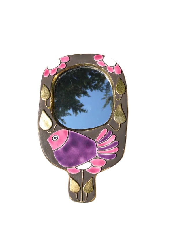 Miroir à main en céramique émaillée, décor Moineau, signé Mithé Espelt-photo-3