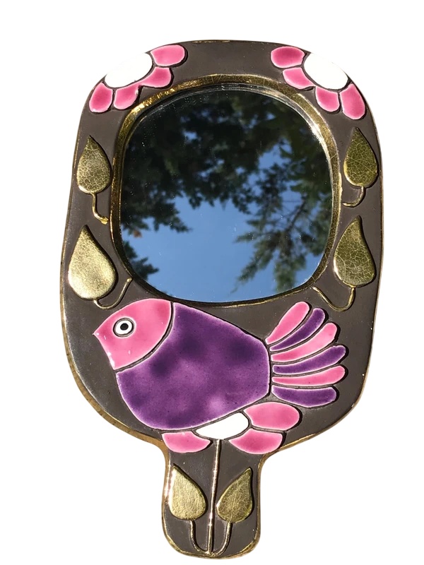 Miroir à main en céramique émaillée, décor Moineau, signé Mithé Espelt