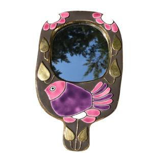 Miroir à main en céramique émaillée, décor Moineau, signé Mithé Espelt