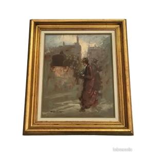 Huile sur toile originale de Pietro Pantino - "Jeune femme à la diligence"