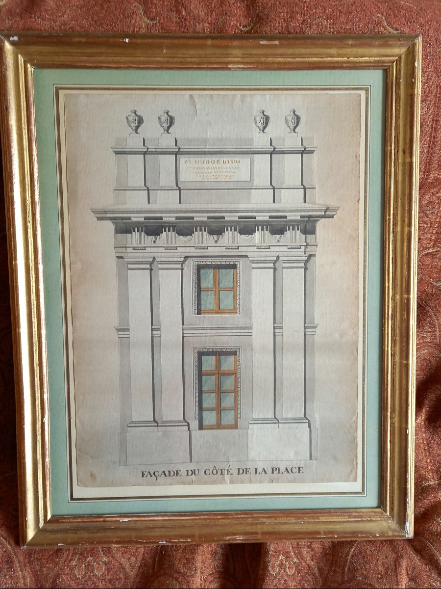 Architectural Drawing In Ink Wash Late 18th Century-photo-2