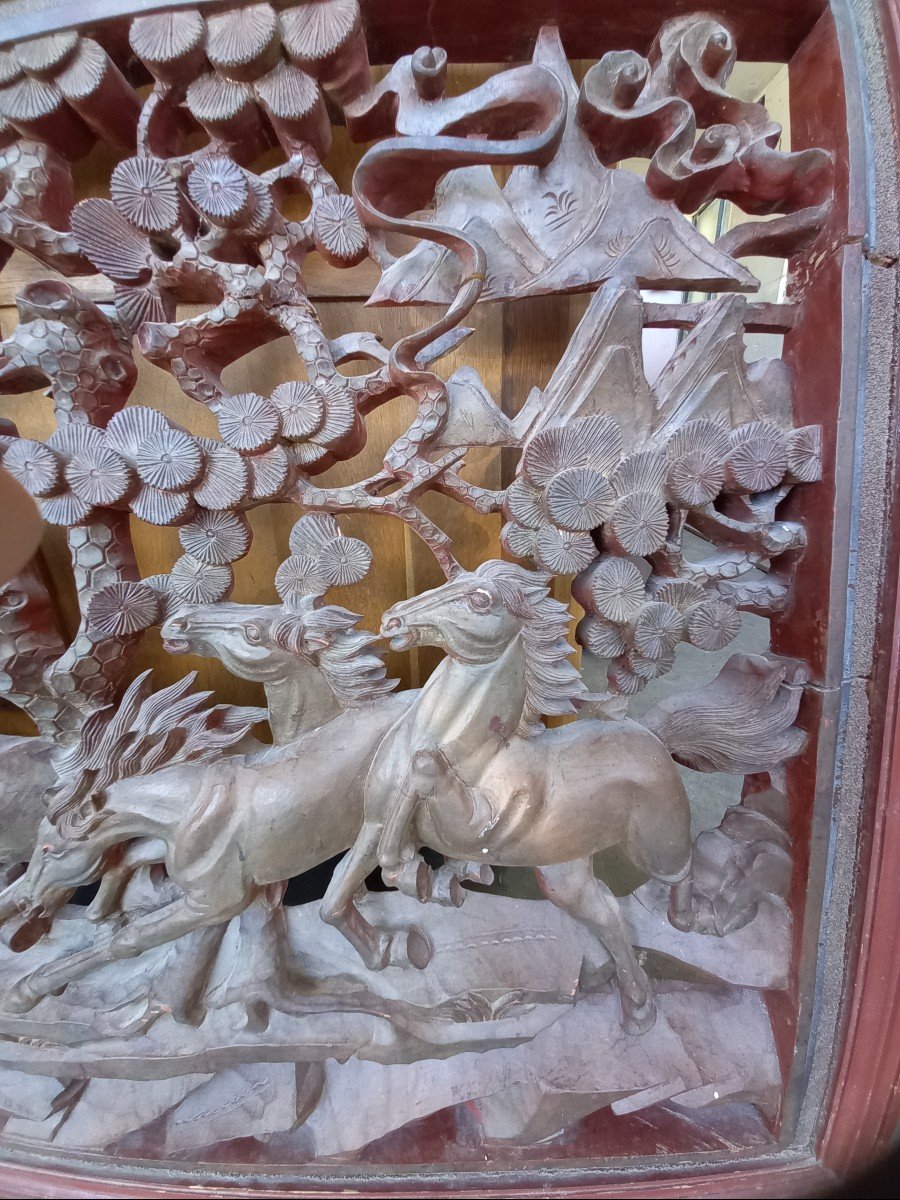 The Horses Of Happiness, Carved Panel China Early Twentieth-photo-2