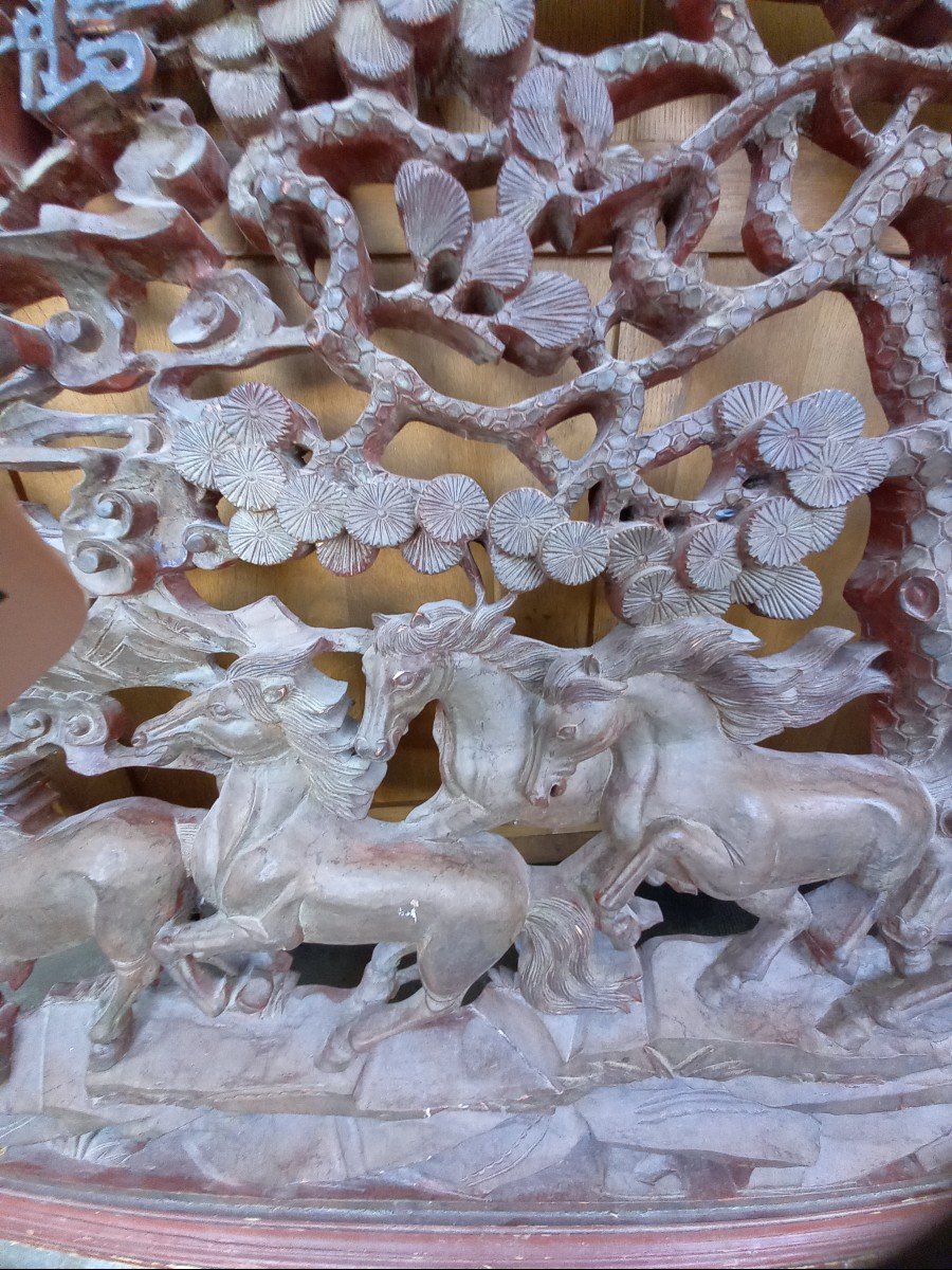 The Horses Of Happiness, Carved Panel China Early Twentieth-photo-3
