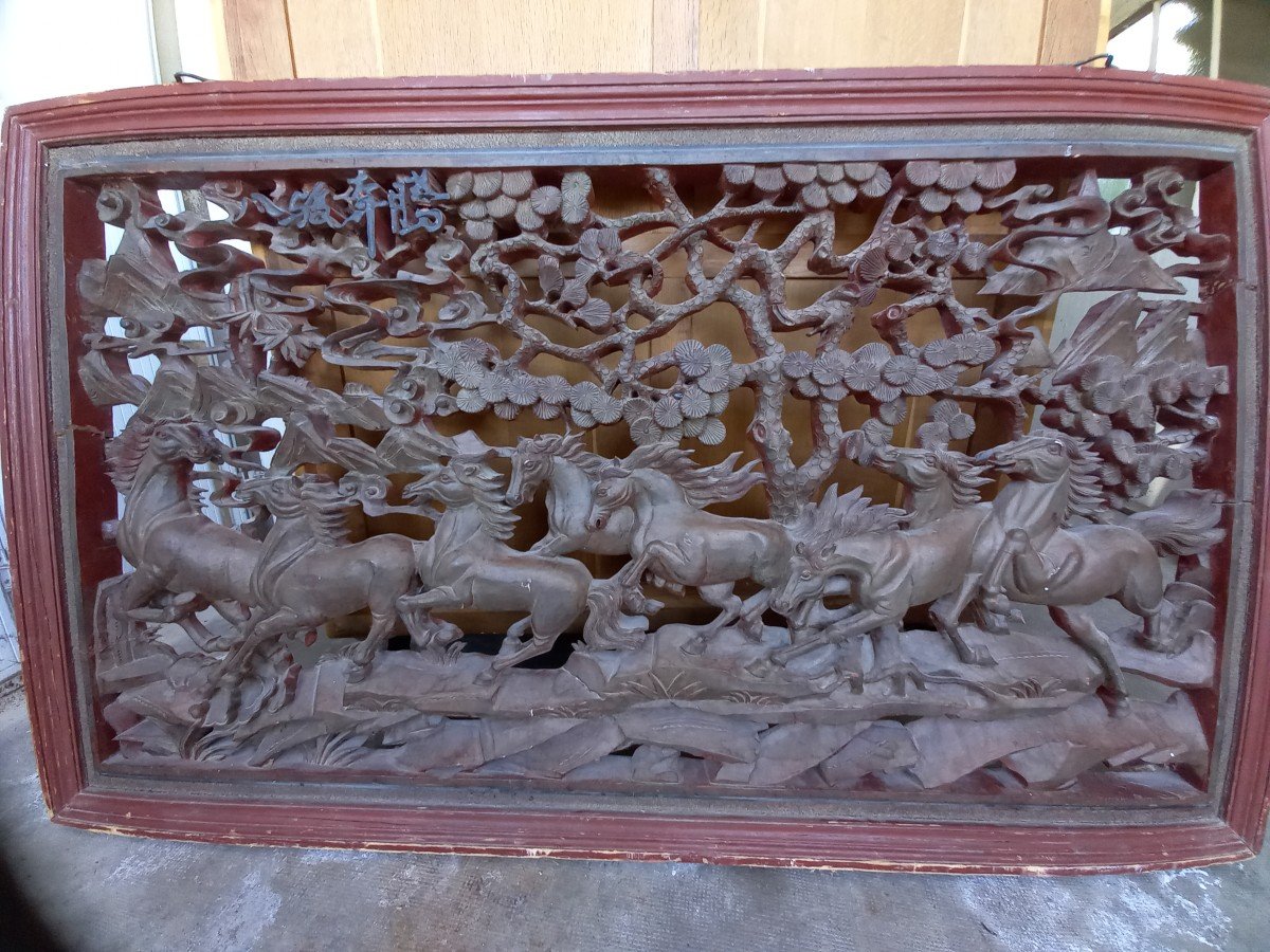 The Horses Of Happiness, Carved Panel China Early Twentieth