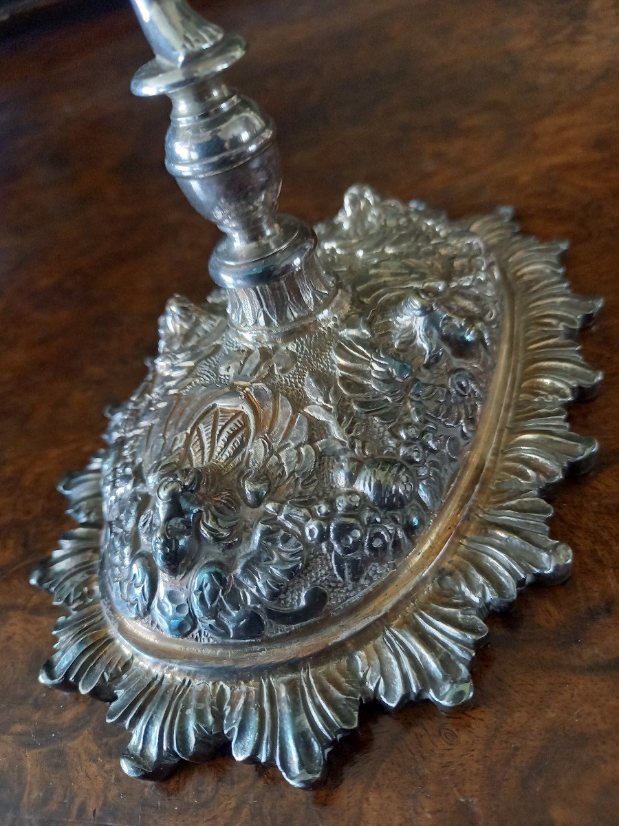 Paire De Bougeoirs De Style Louis XIII En Metal Argenté,  XIXe  Sie.-photo-3