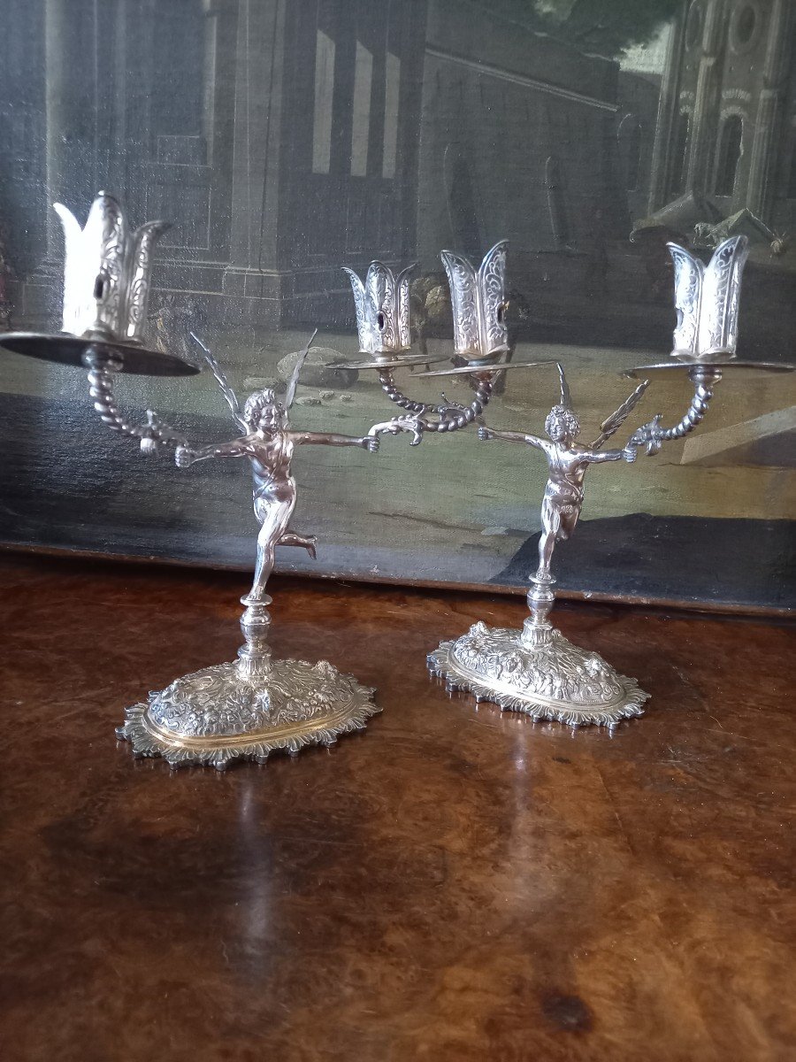 Paire De Bougeoirs De Style Louis XIII En Metal Argenté,  XIXe  Sie.