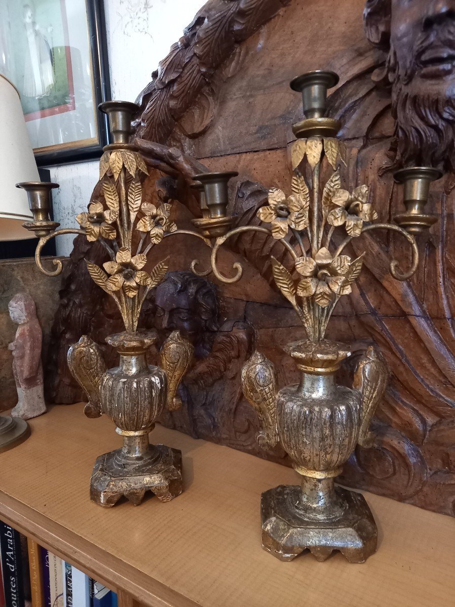 Paire De Flambeaux En Bois Doré Et Fer Forgé -photo-3