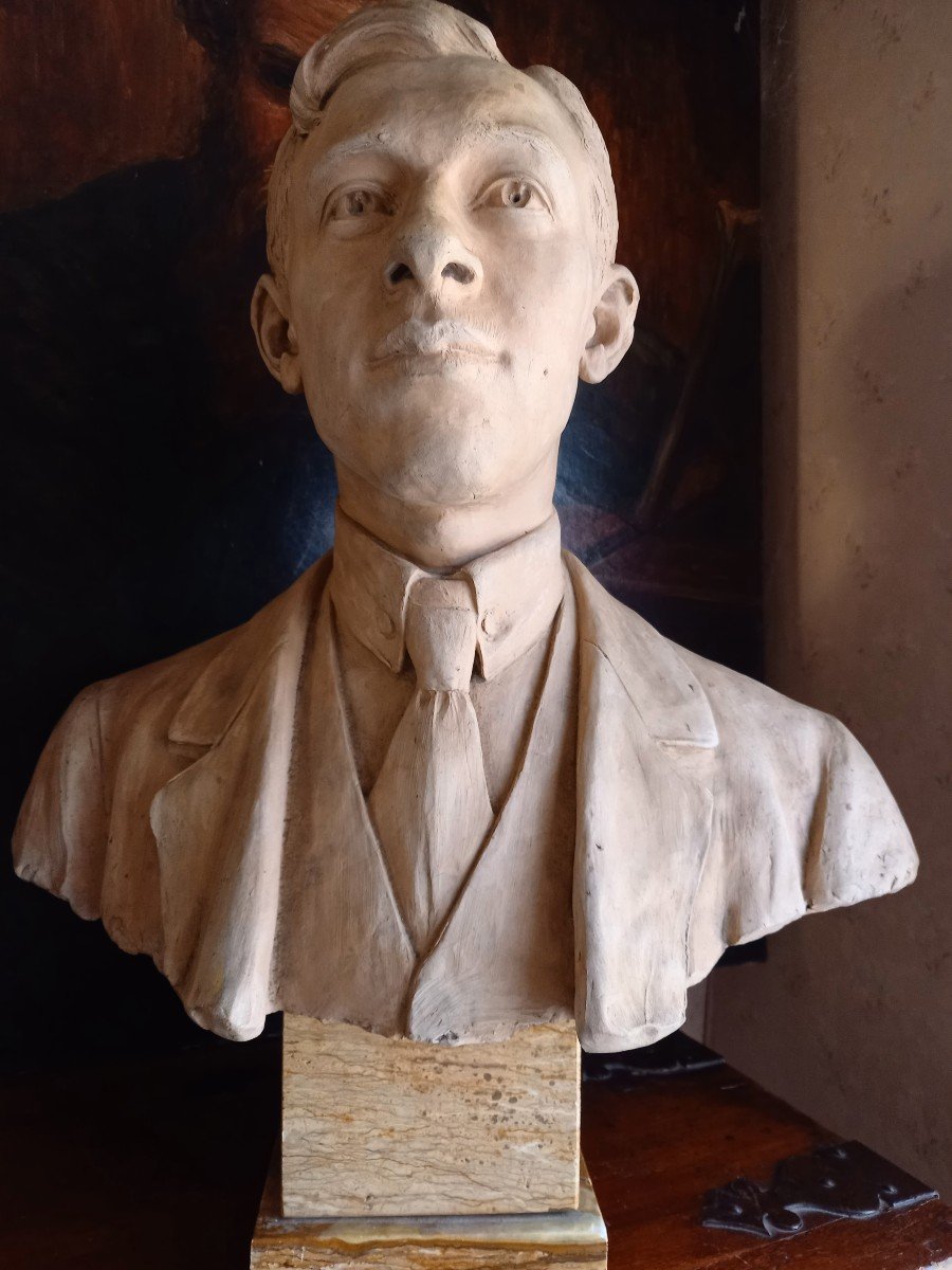 Buste Terre Cuite De Jeune Homme Par A. Cagna.  Daté 1930-photo-3