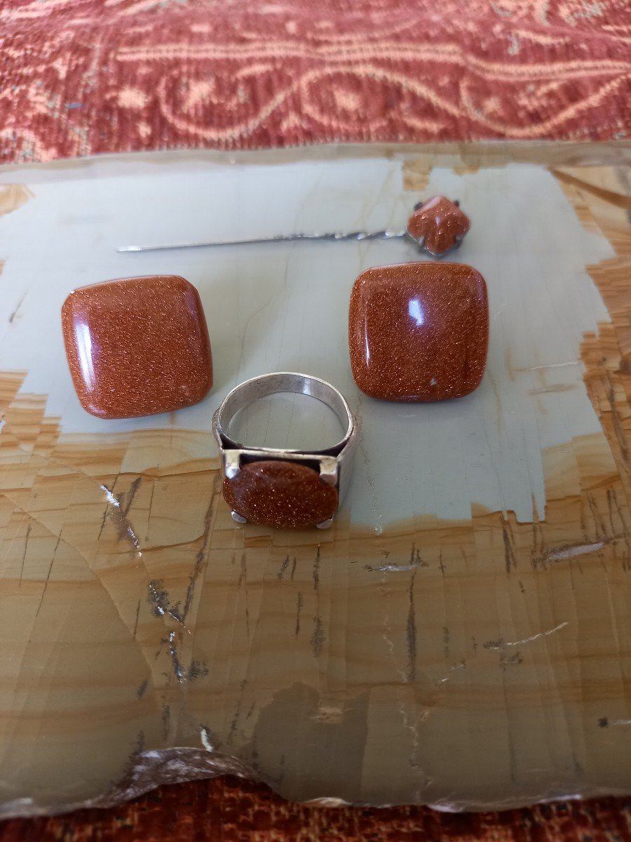 Art Deco Men's Set; Sunstone Tie Pin And Cufflinks  And Ring-photo-3
