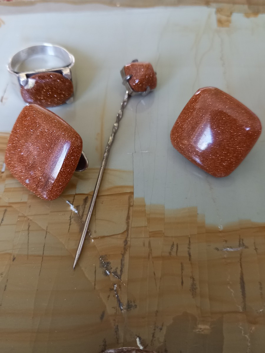 Art Deco Men's Set; Sunstone Tie Pin And Cufflinks  And Ring