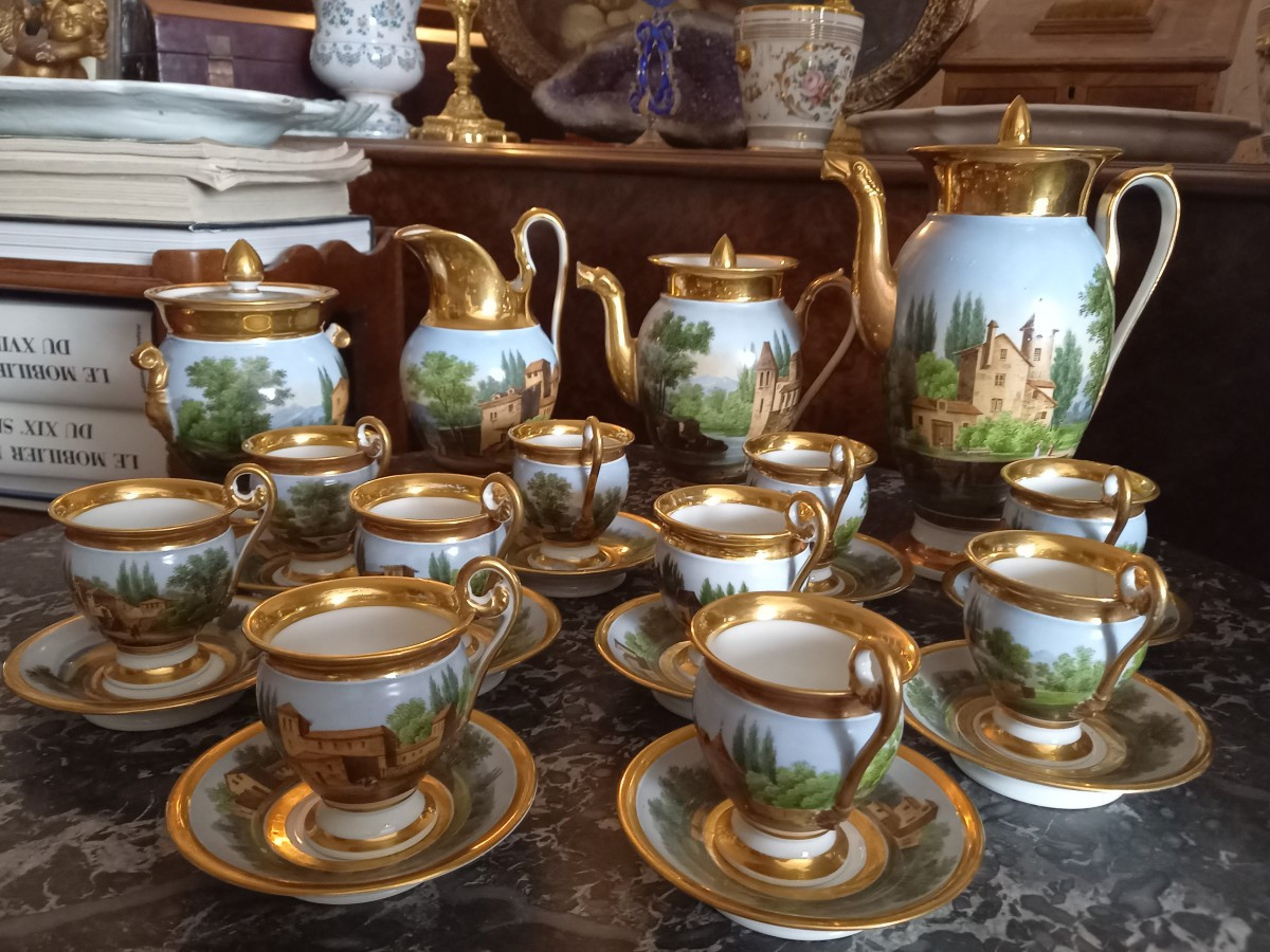 Paris Porcelain Circa 1820: Coffee Service Painted With Scenes From The Roman Countryside 