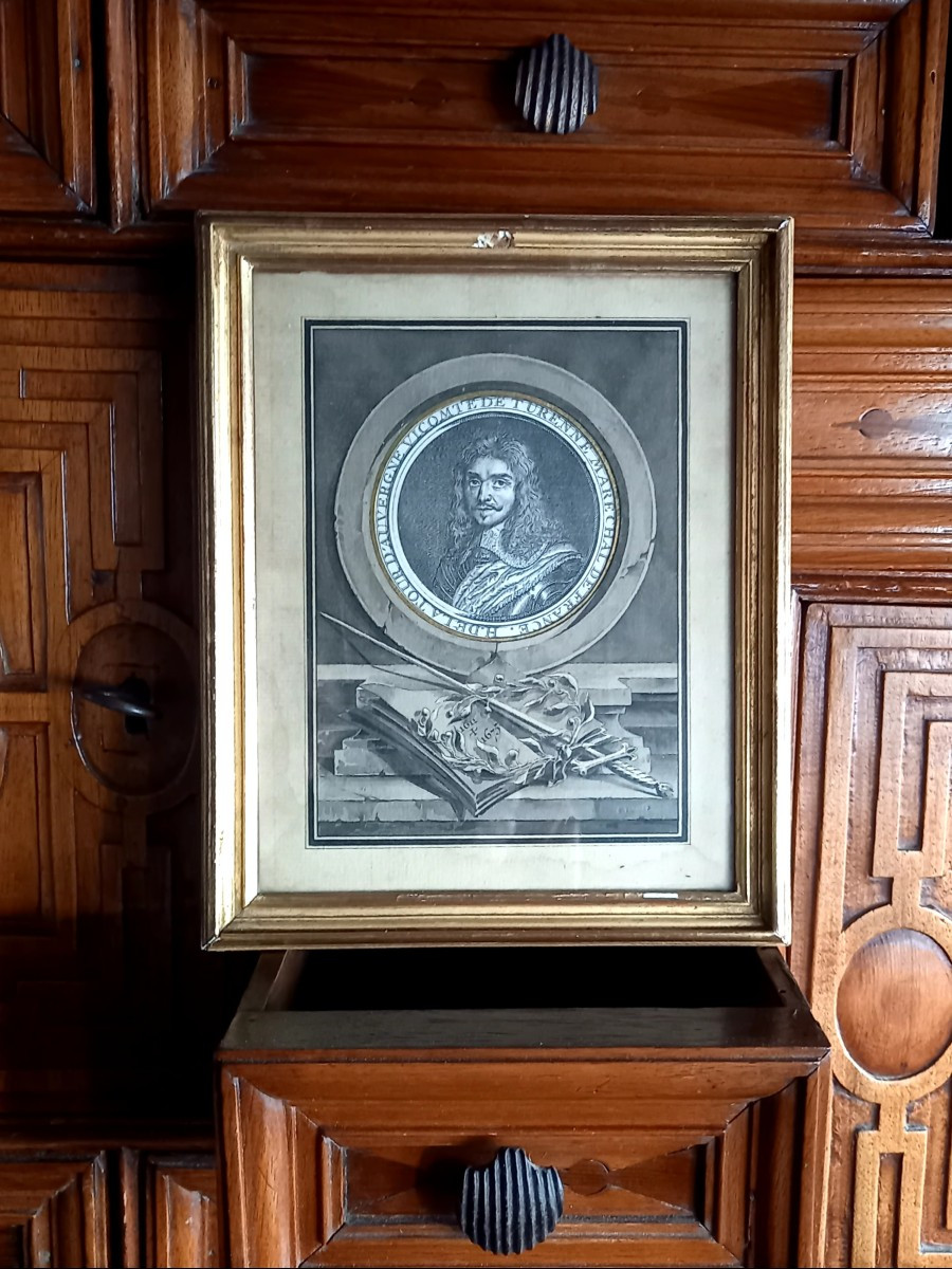 Portrait de Turenne gravé, orné d'une marie Louise à l'aquarelle 