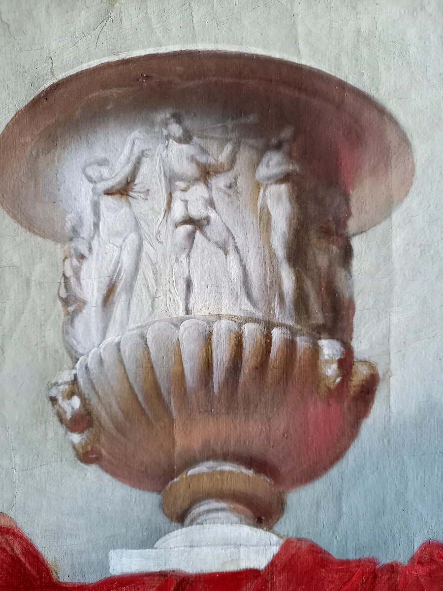 Study Of A Marble Medici Vase On A Red Fabric Throw-photo-4