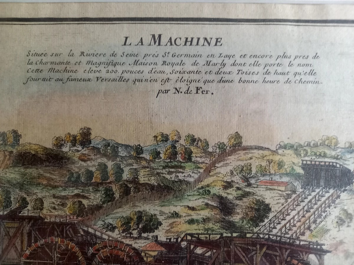 Gravure XVIIE aquarellée : la machine de Marly par Nicolas de Fer-photo-3