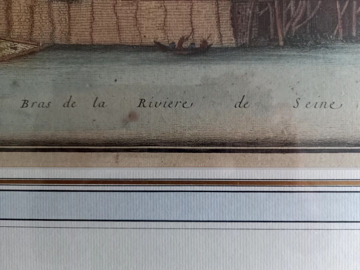 Gravure XVIIE aquarellée : la machine de Marly par Nicolas de Fer-photo-4